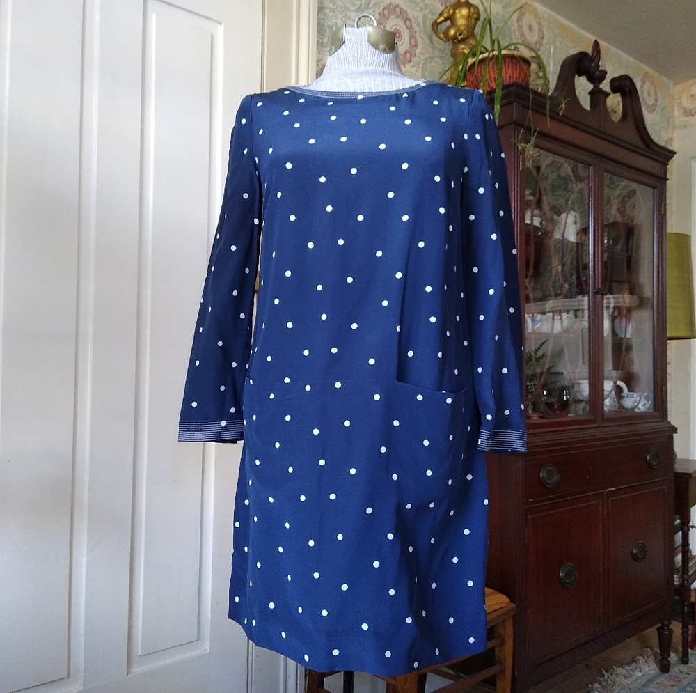 J. CREW Blue Long Sleeve Dress With White Polkadots